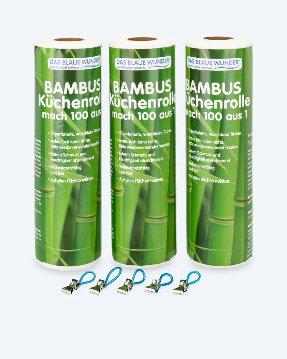 Bambus Küchenrolle, 3er Set + 5 Clips